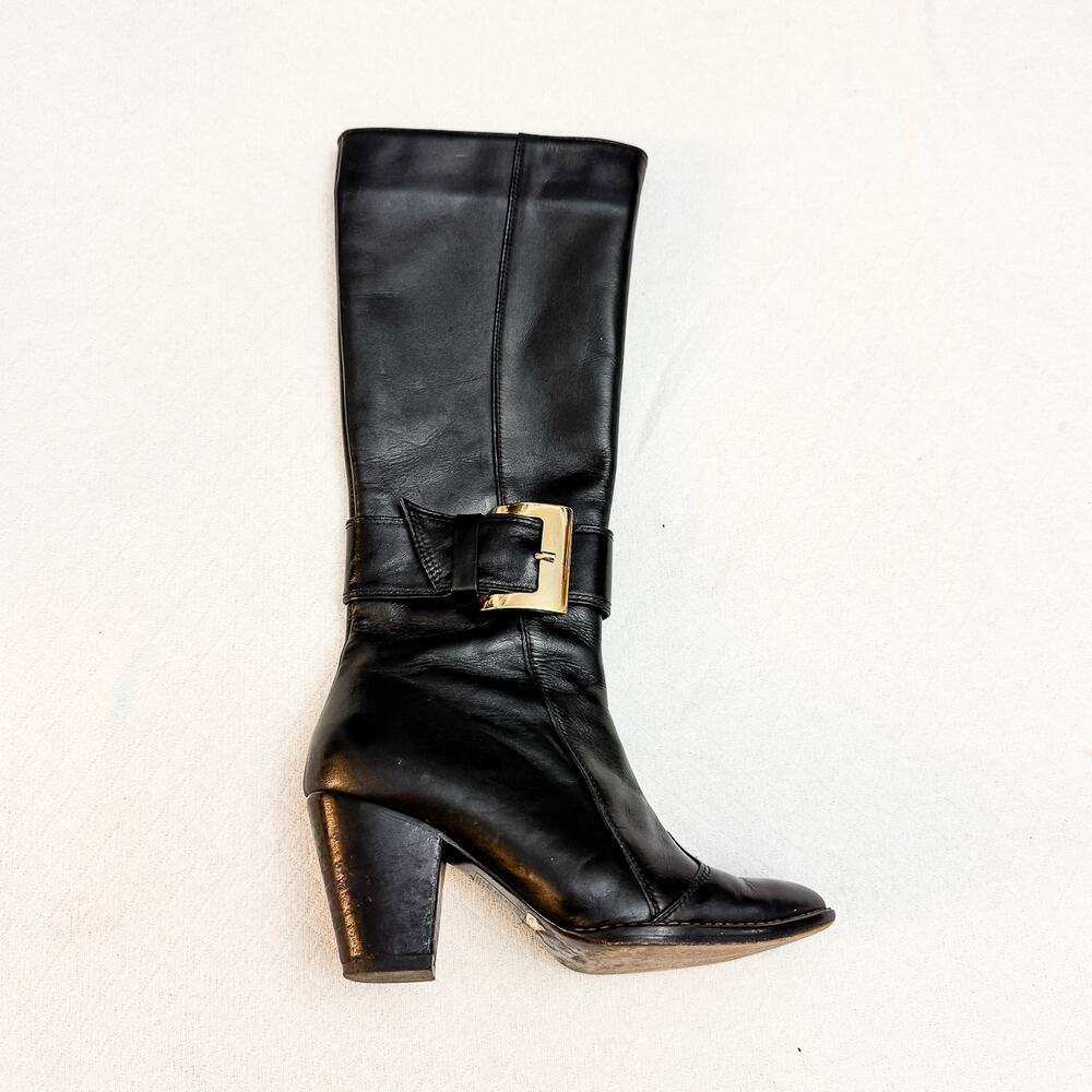 F&M Black Leather Belt Buckle Accent Vintage Gold Boot Shoes Size 7.5/8